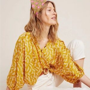 Maeve Mustard Yellow Printed V-Neck Balloon Sleeve Blouse
